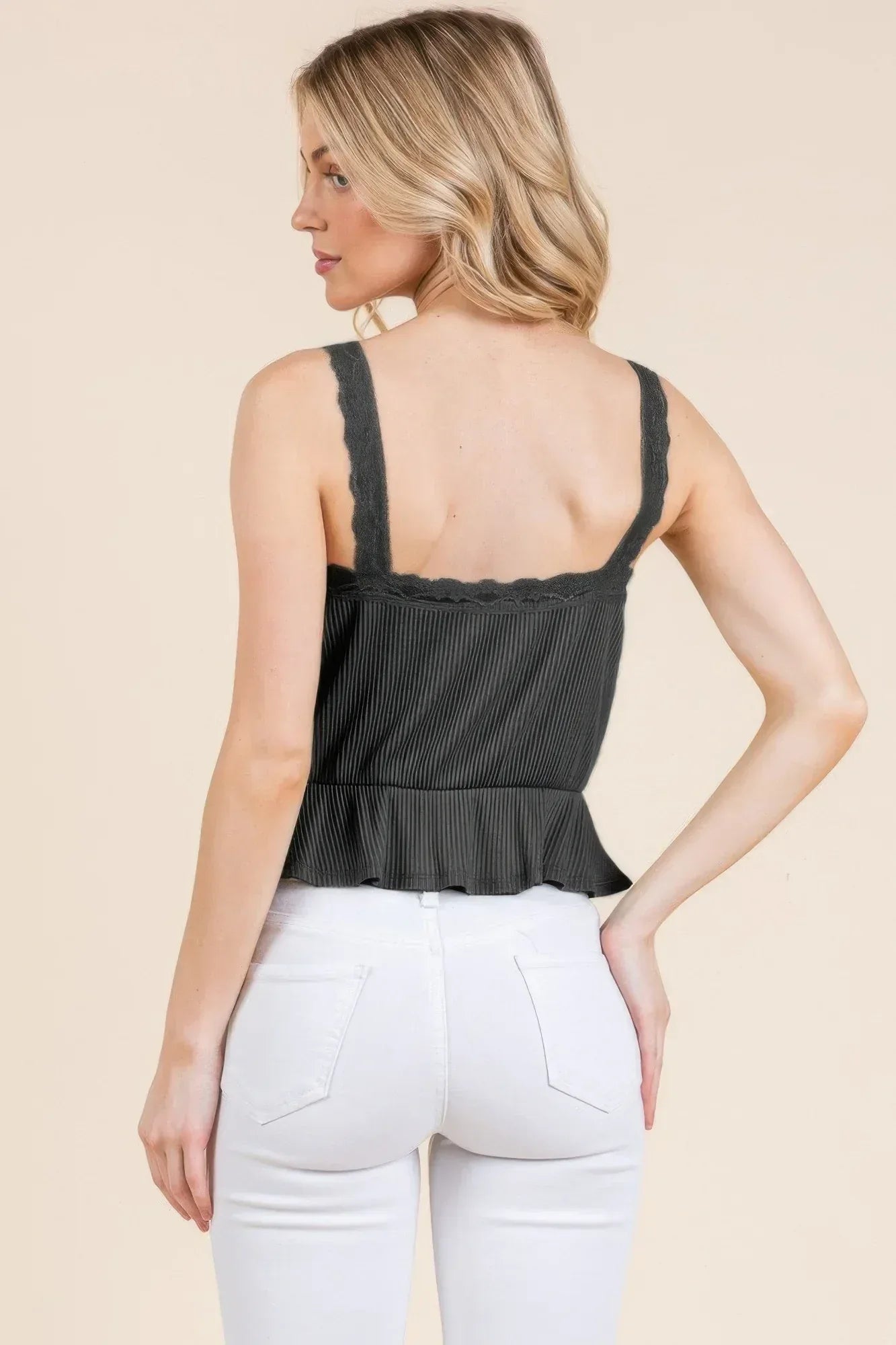 Lace Peplum Tie Front Ribbed Cami Top | Mixtshop LLC