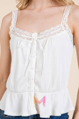 Lace Peplum Tie Front Ribbed Cami Top | Mixtshop LLC