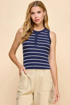 Button Detail Contrast Binding Stripe Tank Top | Mixtshop LLC