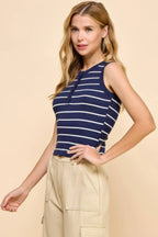 Button Detail Contrast Binding Stripe Tank Top | Mixtshop LLC