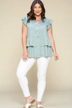 Plus Size Solid Button Flutter Sleeve Top | Mixtshop LLC