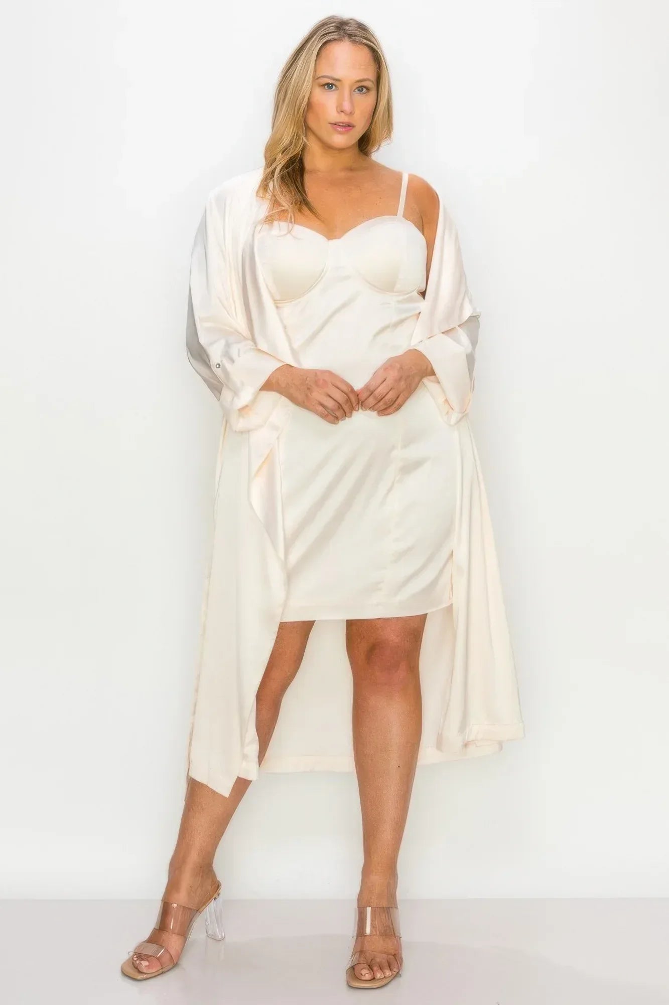 Satin Strap Dress With Self Belt Coat Set | Mixtshop LLC Main image