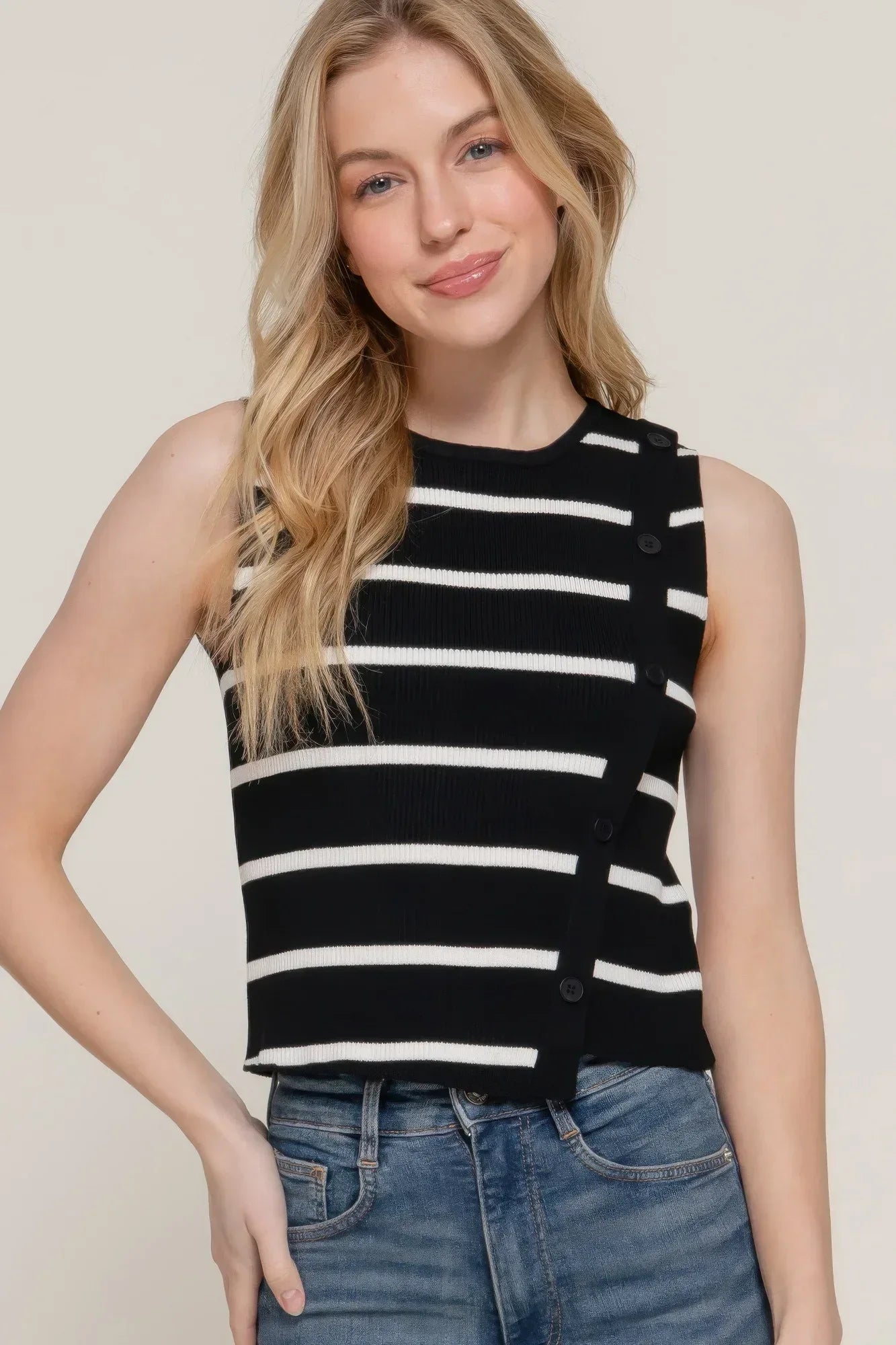 Sleeveless Diagonal Shape Stripe Spring Sweater | Mixtshop LLC Main image