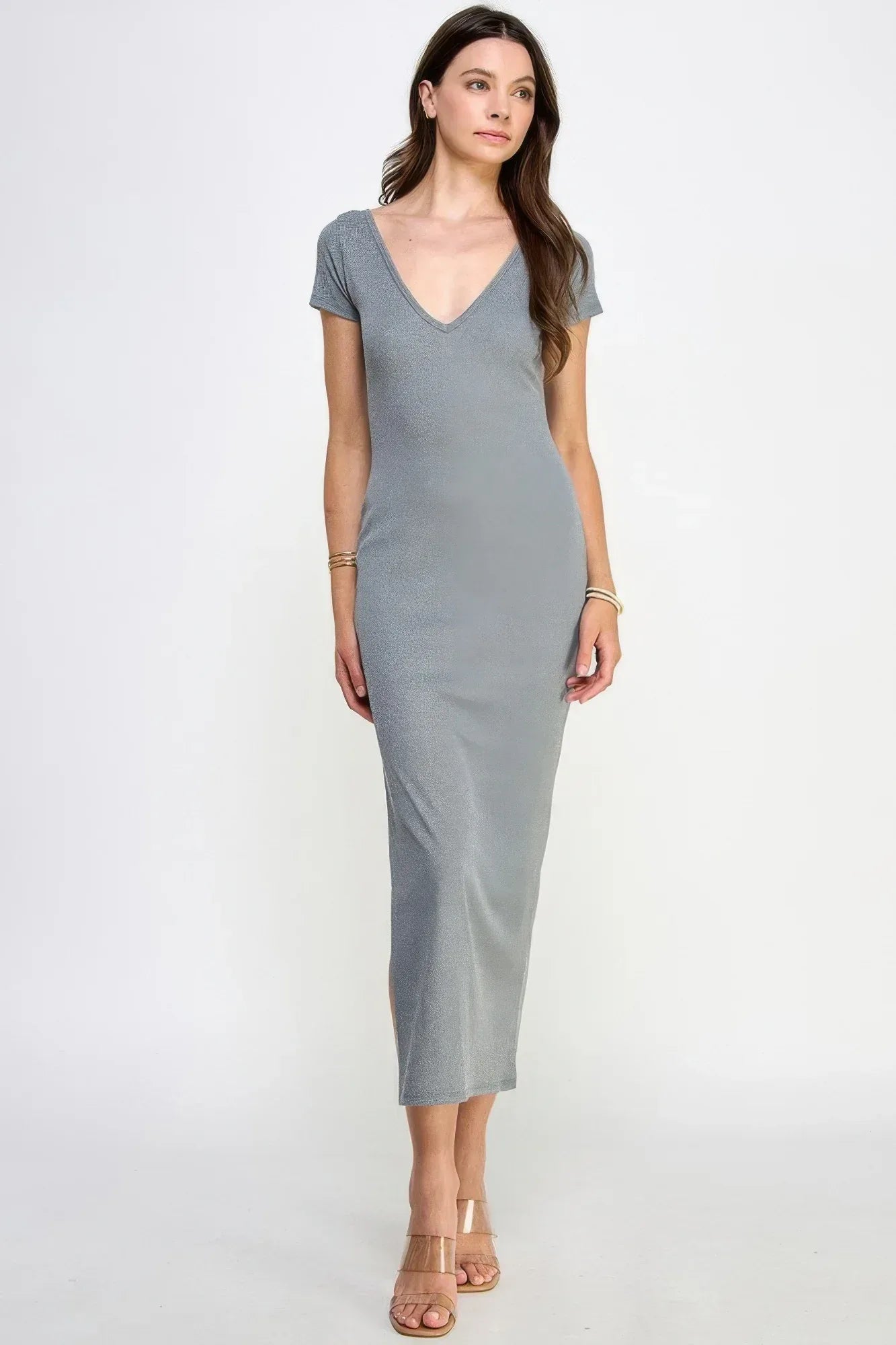 Double V-neck Ribbed Maxi Dress | Mixtshop LLC Main image