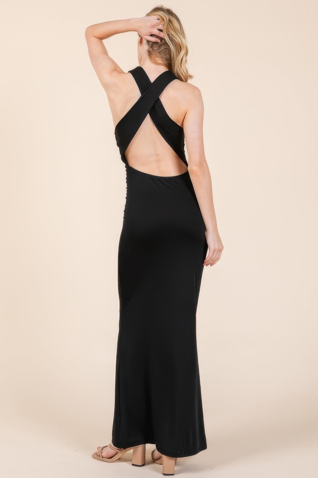 Cowl Neck Cross Back Shirring Maxi Dress | Mixtshop LLC