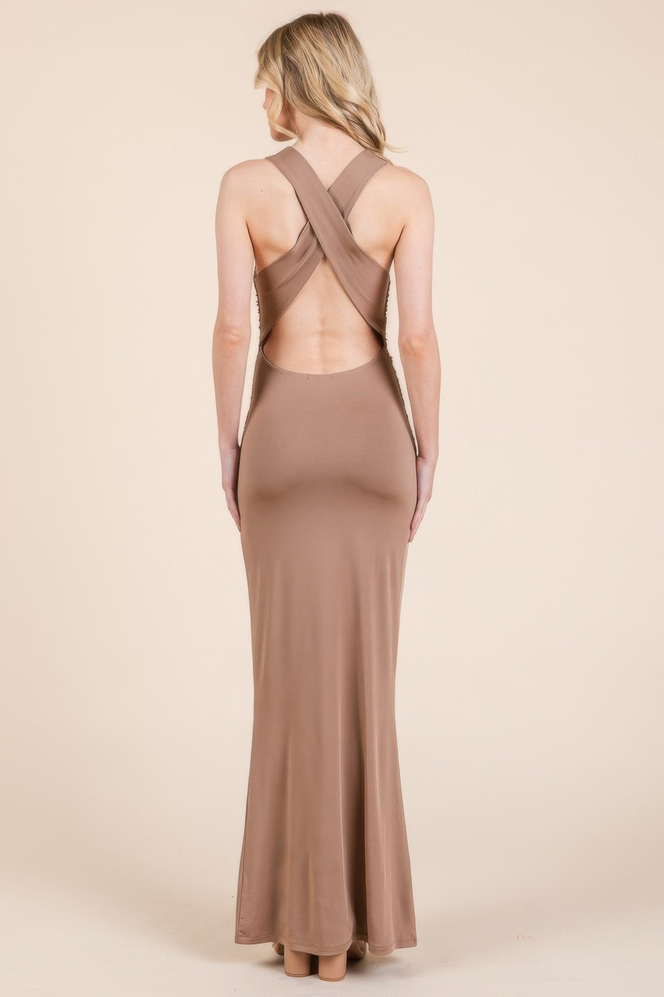 Cowl Neck Cross Back Shirring Maxi Dress | Mixtshop LLC