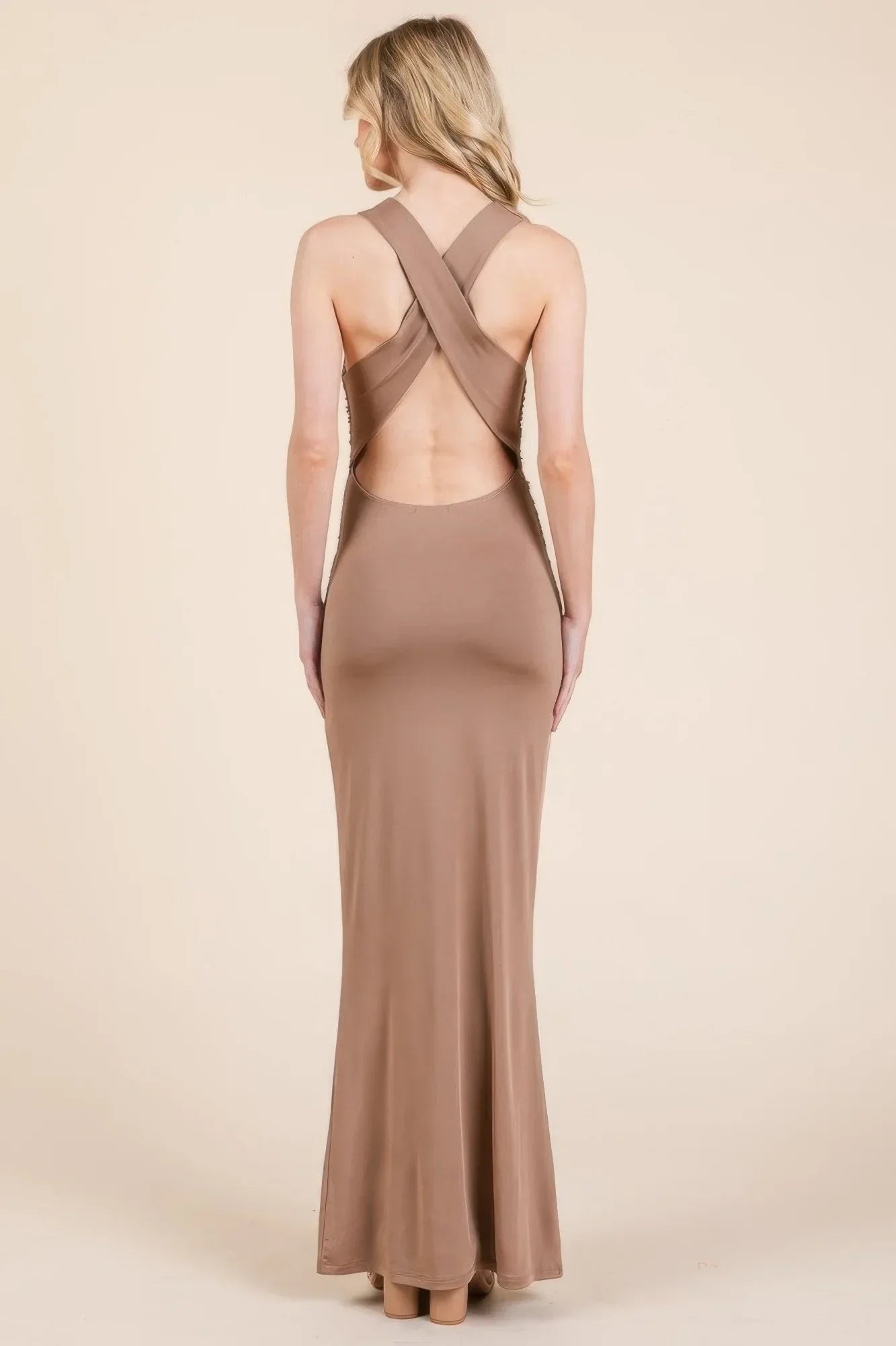Cowl Neck Cross Back Shirring Maxi Dress | Mixtshop LLC