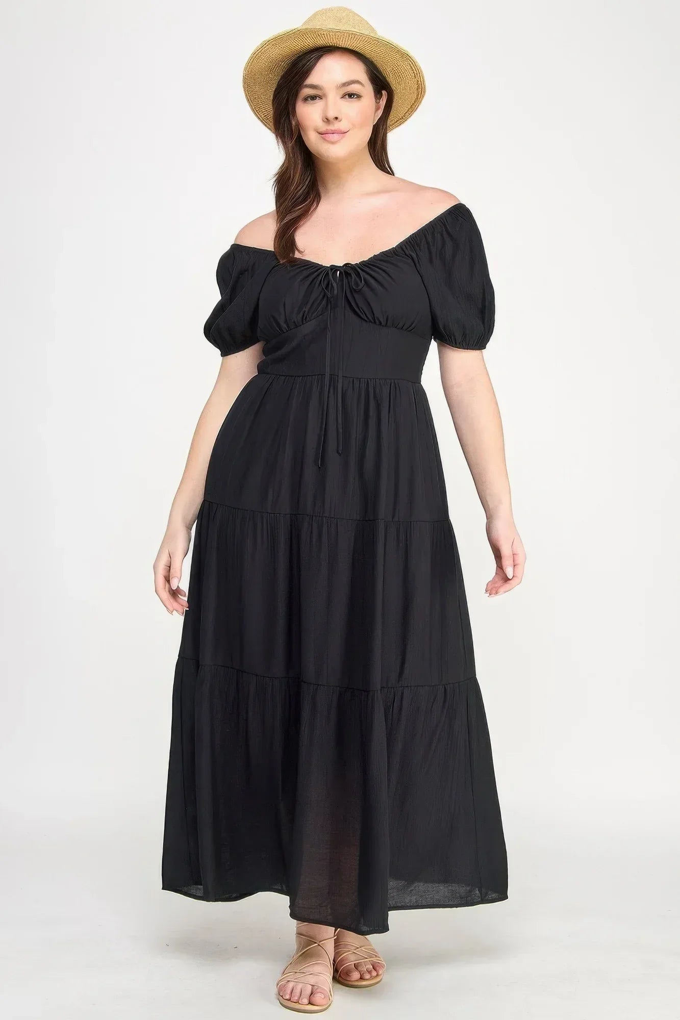 Front Tie Puff Sleeve Tired Maxi Dress | Mixtshop LLC Main image