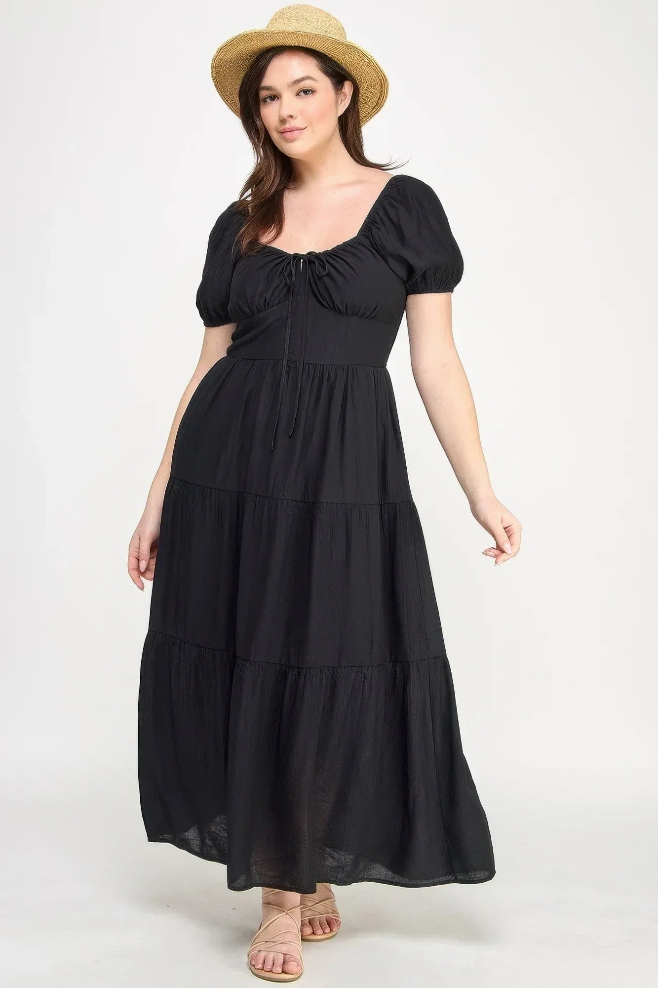 Front Tie Puff Sleeve Tired Maxi Dress Secondary image