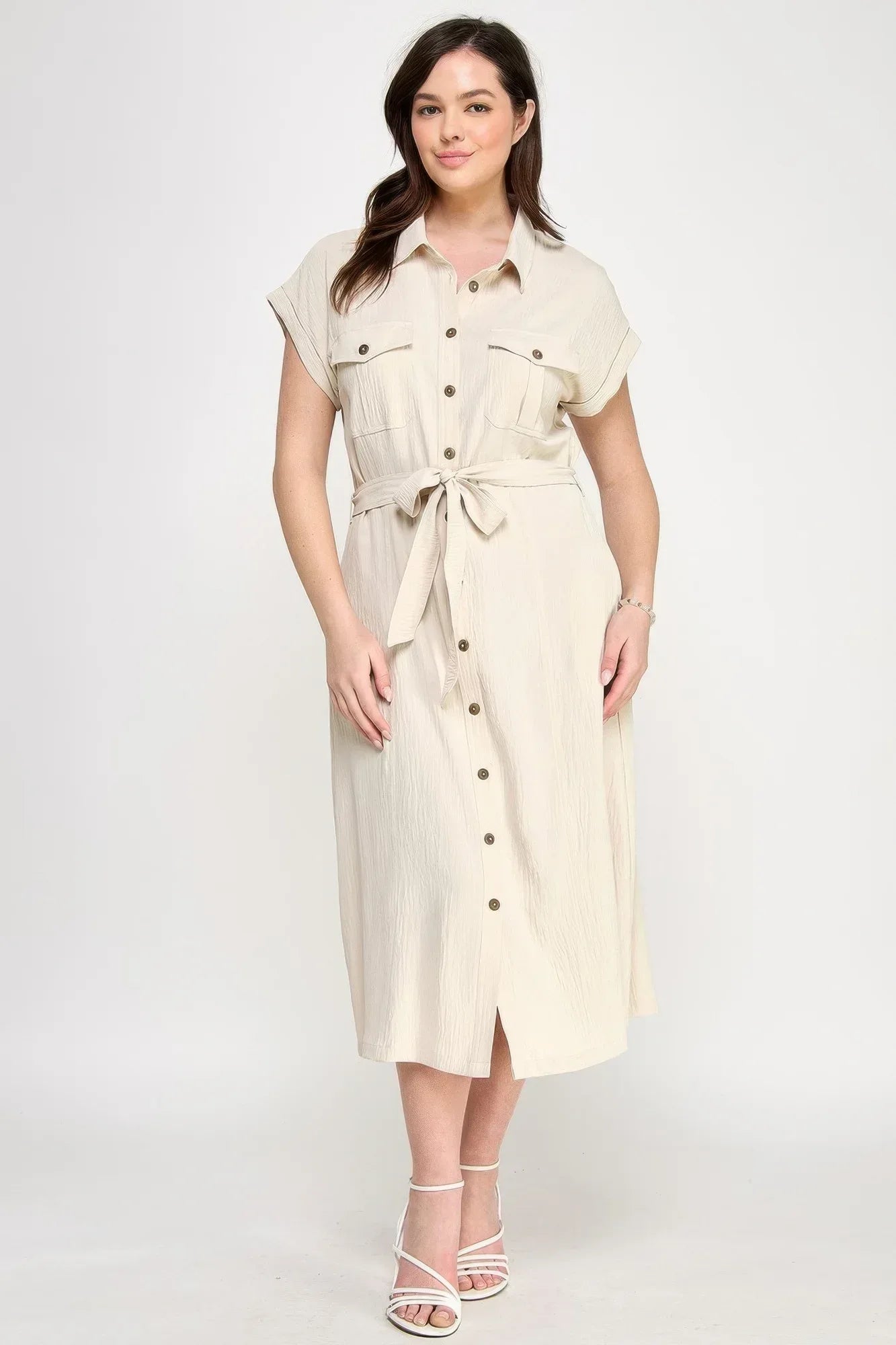 Front Tied Buttoned Short Sleeve Dress | Mixtshop LLC Main image