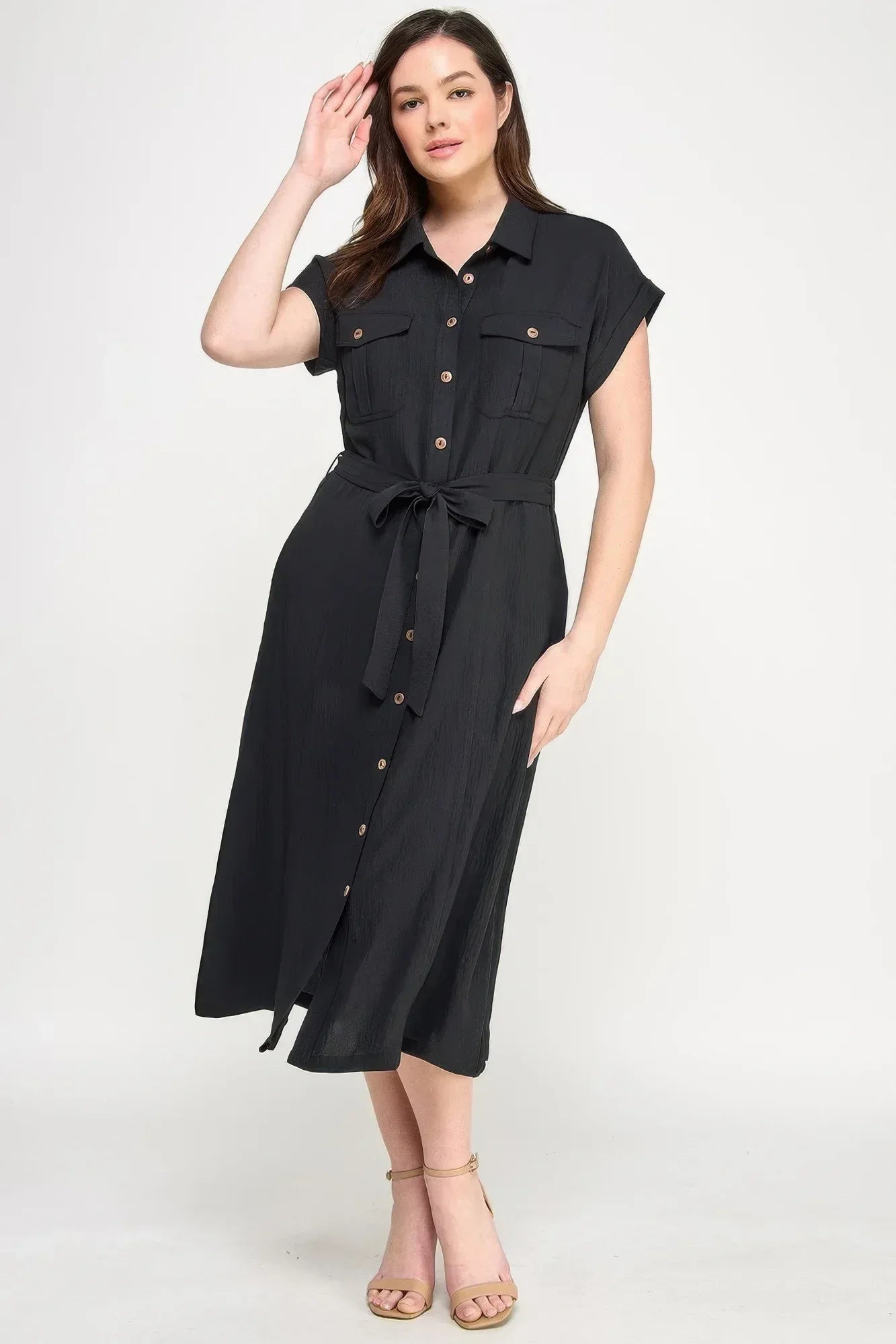 Front Tied Buttoned Short Sleeve Dress | Mixtshop LLC Main image