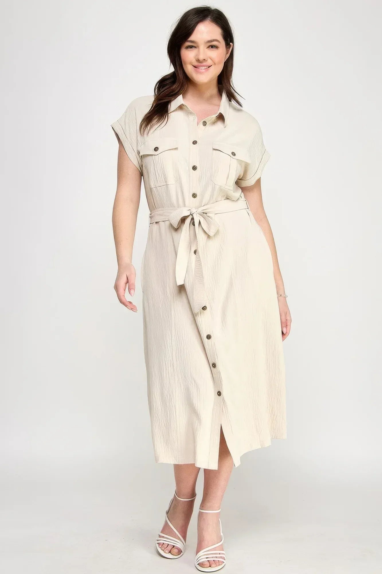 Front Tied Buttoned Short Sleeve Dress | Mixtshop LLC