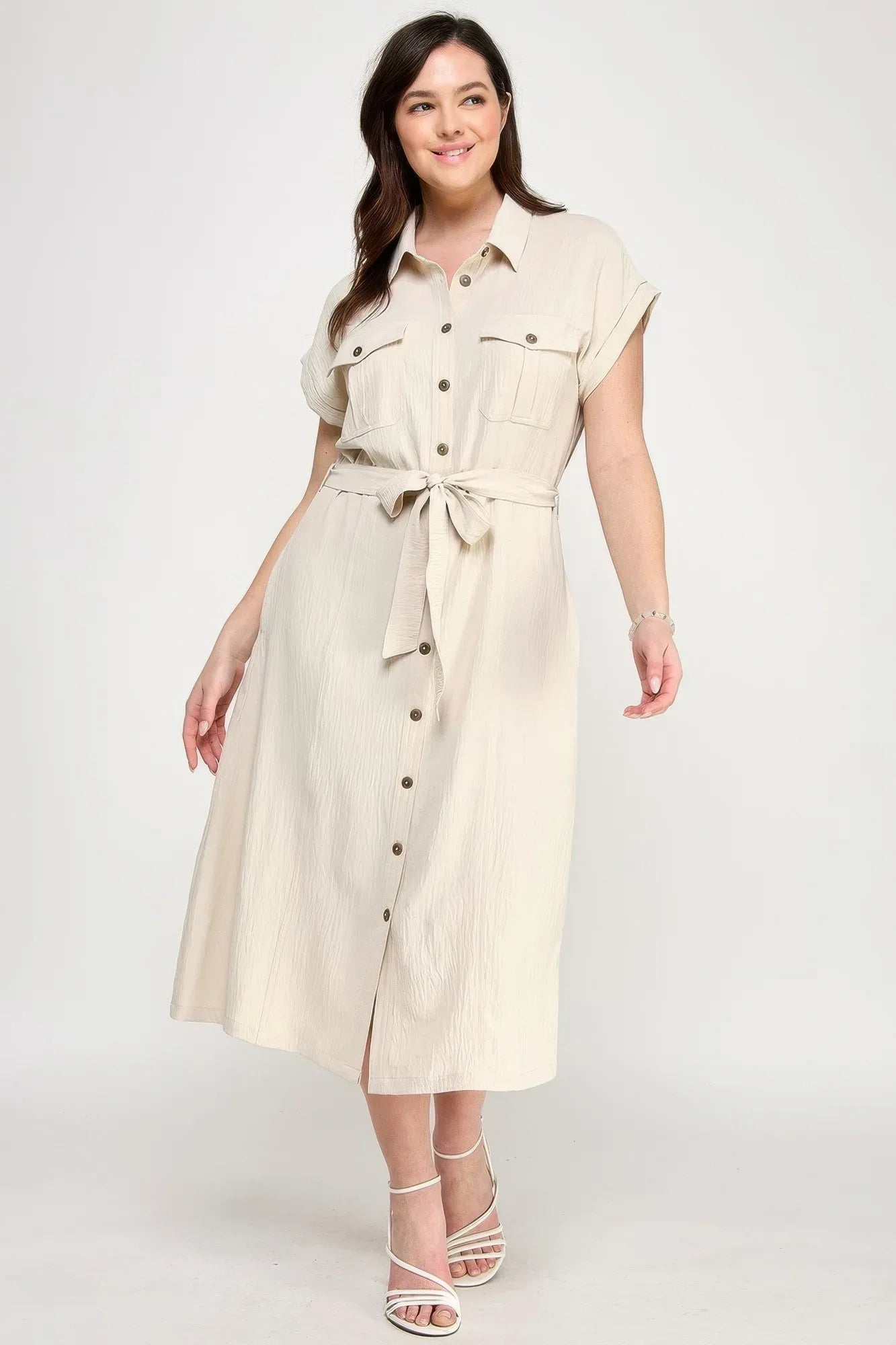 Front Tied Buttoned Short Sleeve Dress | Mixtshop LLC
