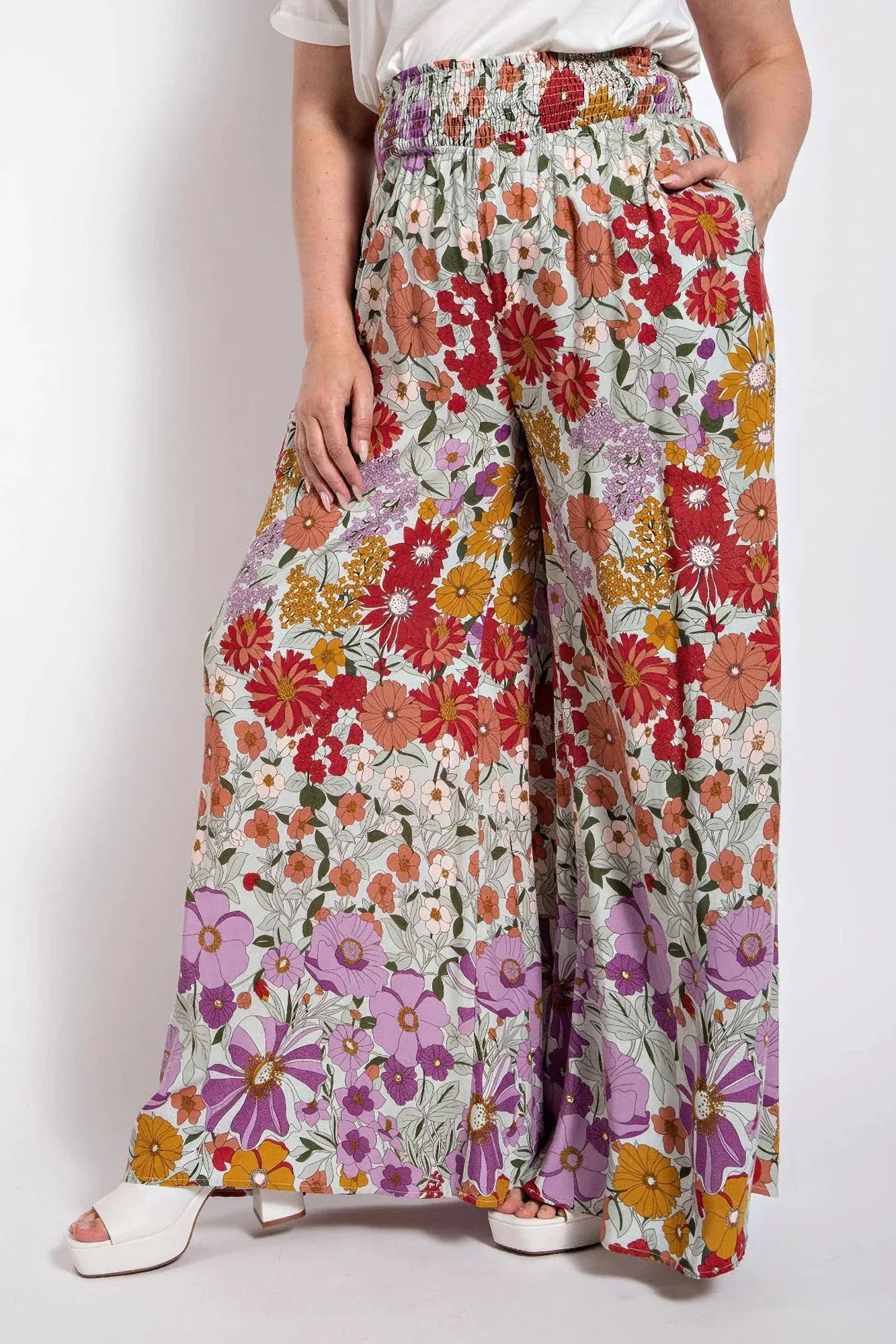 Flare Wide Leg And Waist Smocked Pants With Side Pocket | Mixtshop LLC Main image