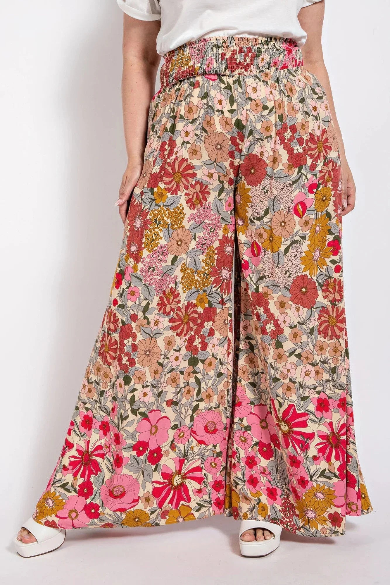 Flare Wide Leg And Waist Smocked Pants With Side Pocket | Mixtshop LLC Main image