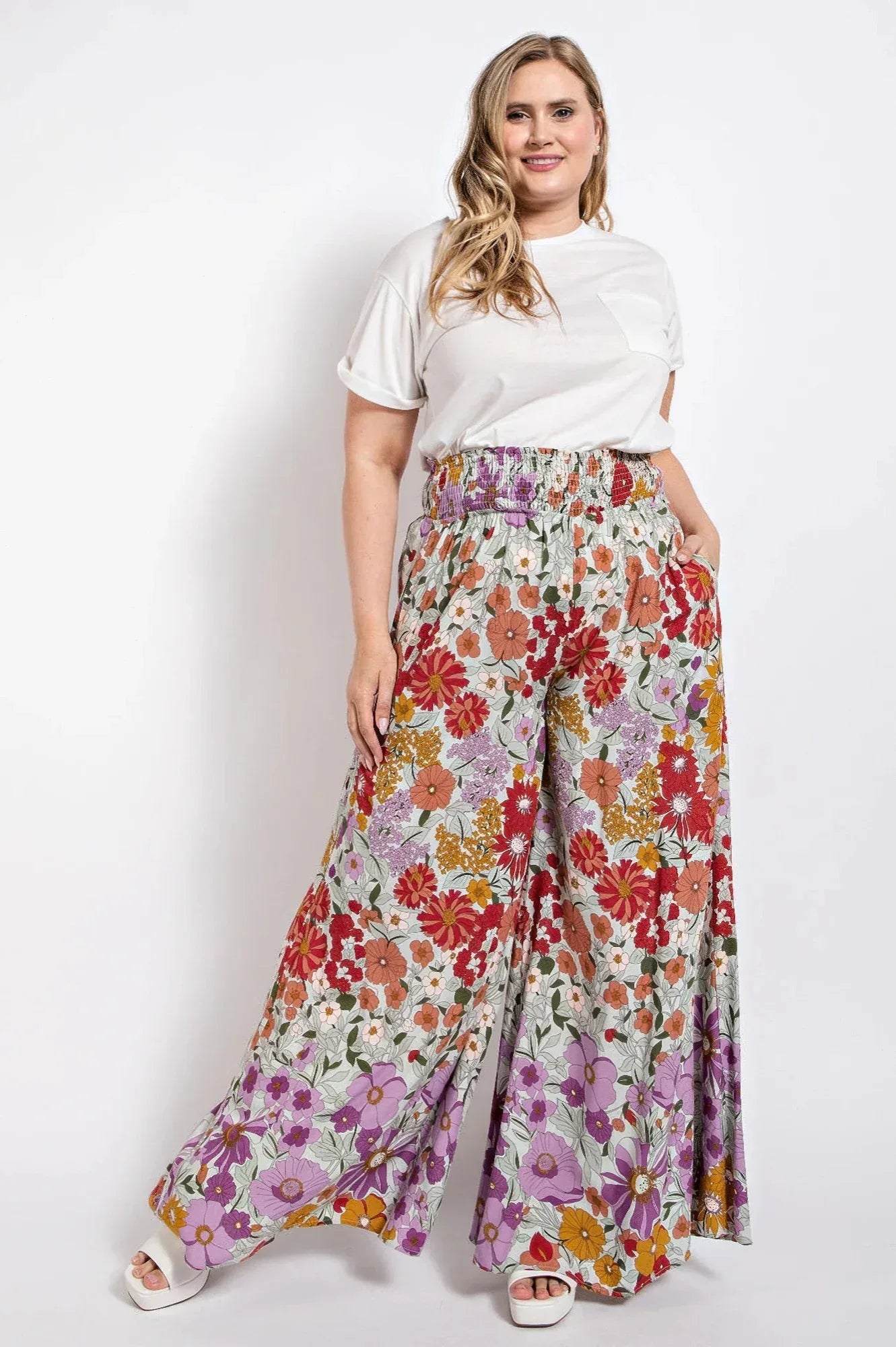Flare Wide Leg And Waist Smocked Pants With Side Pocket Secondary image