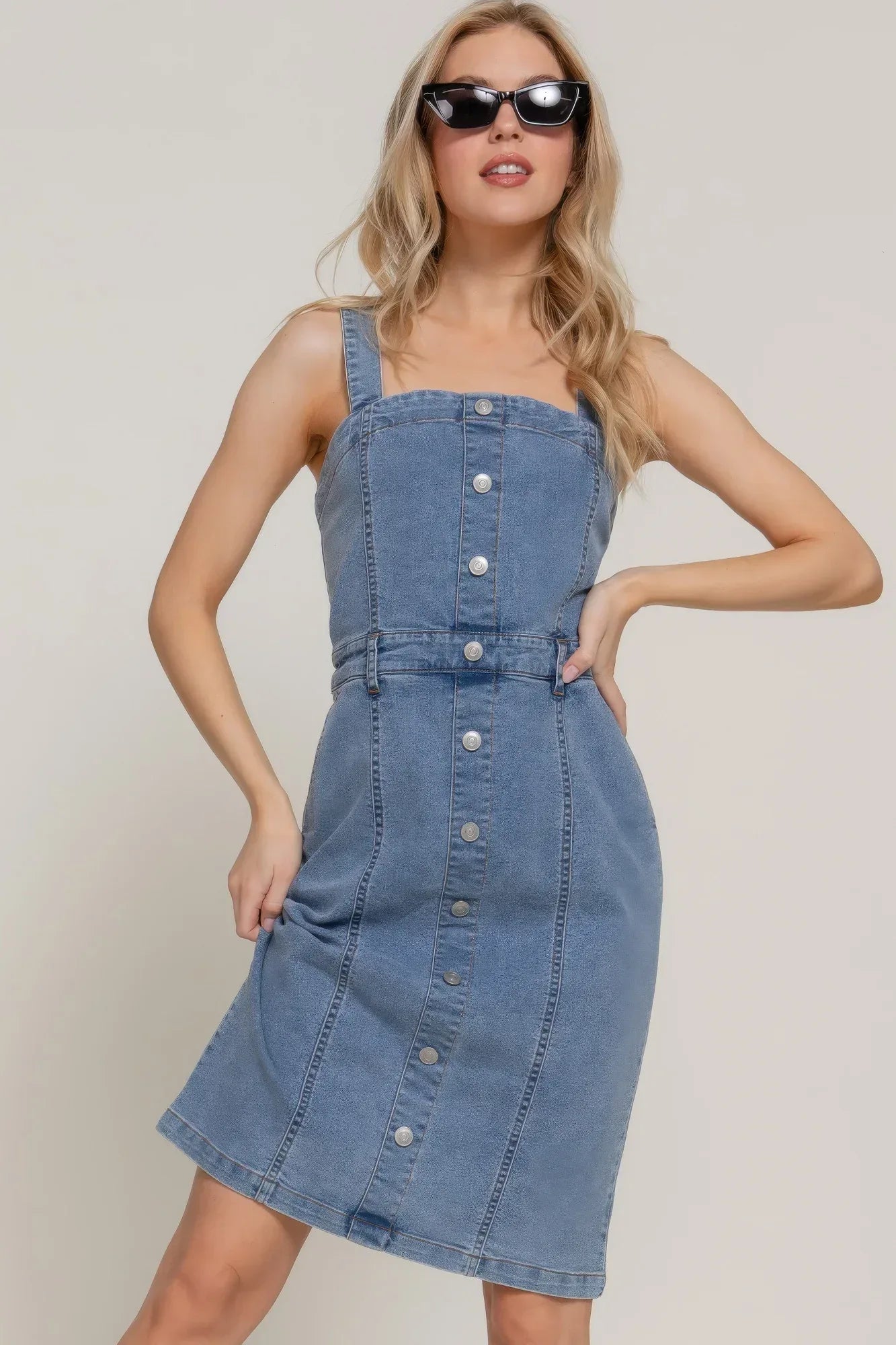 Button Down Placket Stretch Denim Dress | Mixtshop LLC Main image