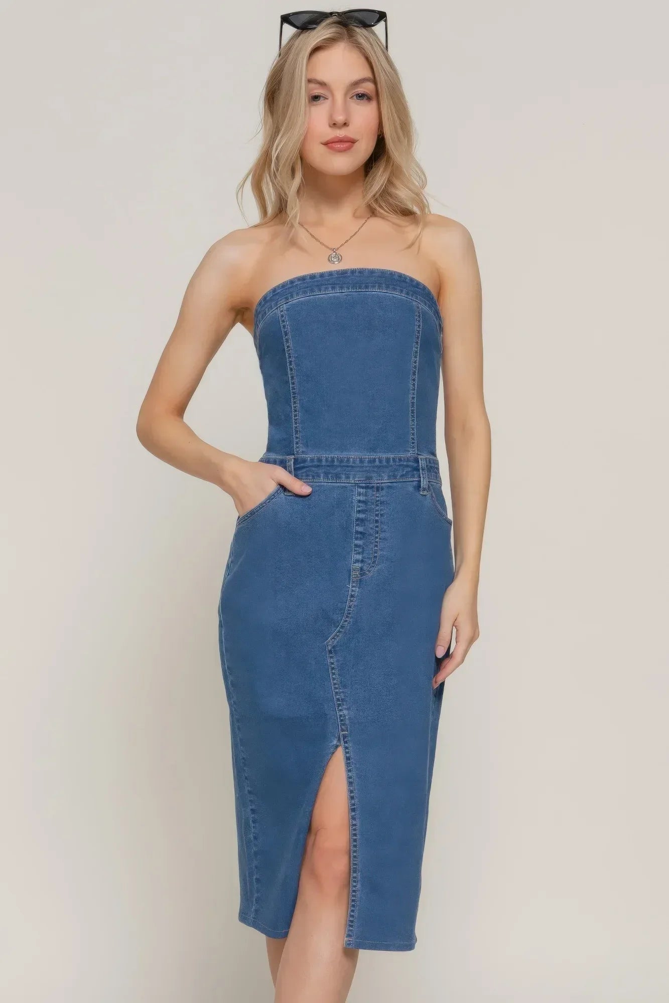 Stretch Denim Slit Tube Dress | Mixtshop LLC Main image