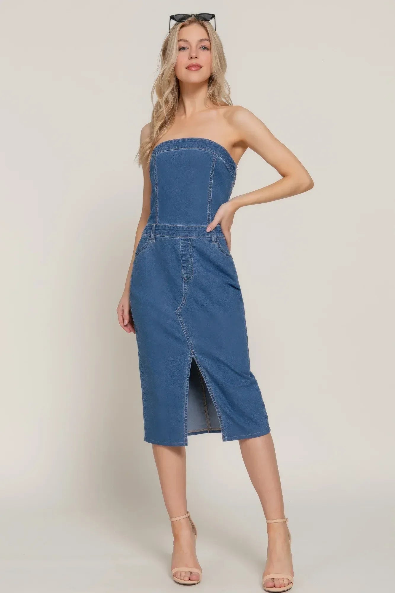 Stretch Denim Slit Tube Dress Secondary image
