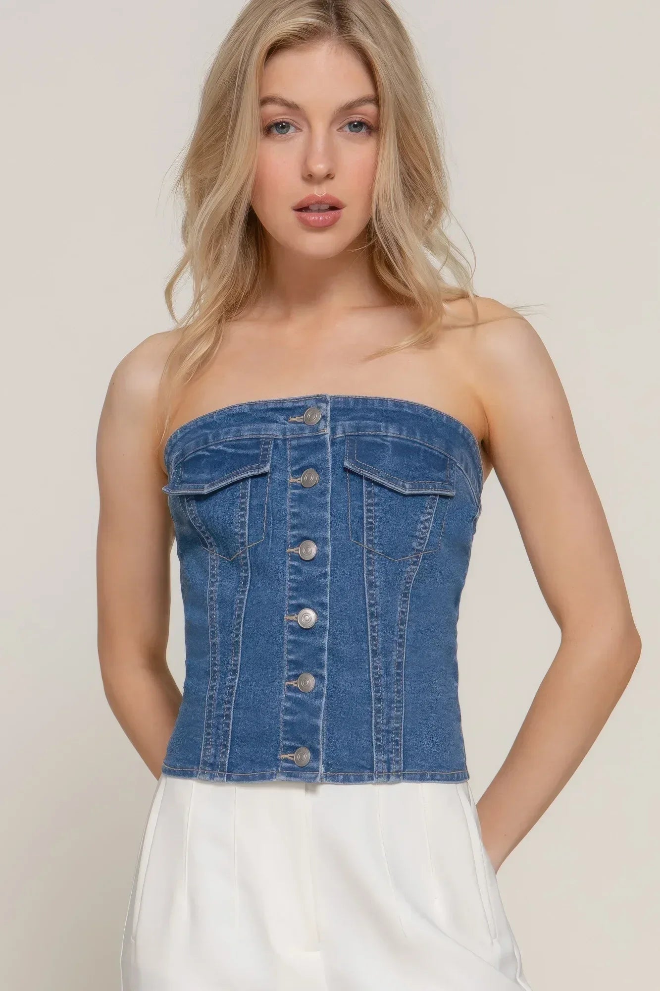 Button Down Placket Stretch Denim Tube Top | Mixtshop LLC Main image