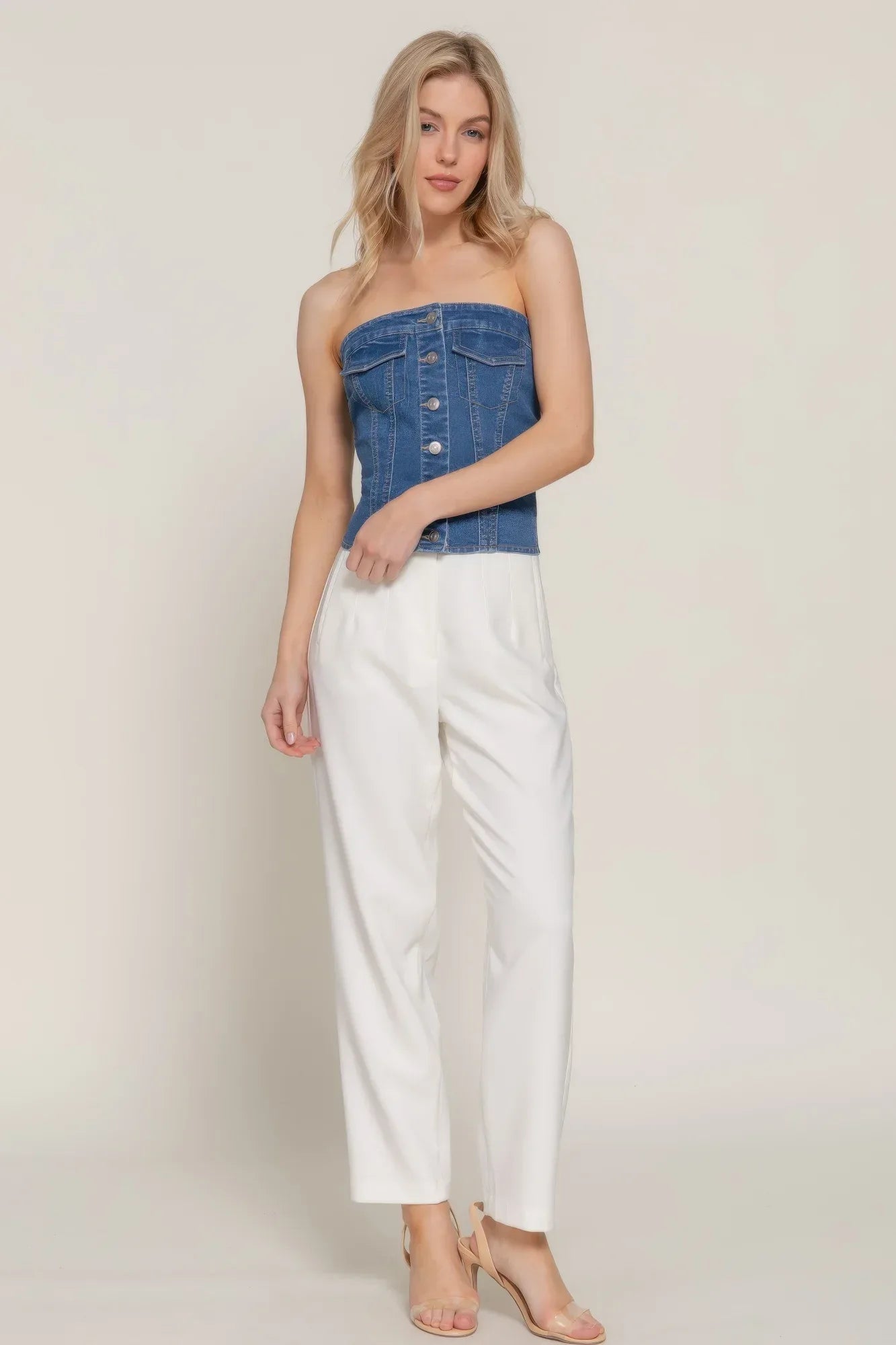 Button Down Placket Stretch Denim Tube Top Secondary image