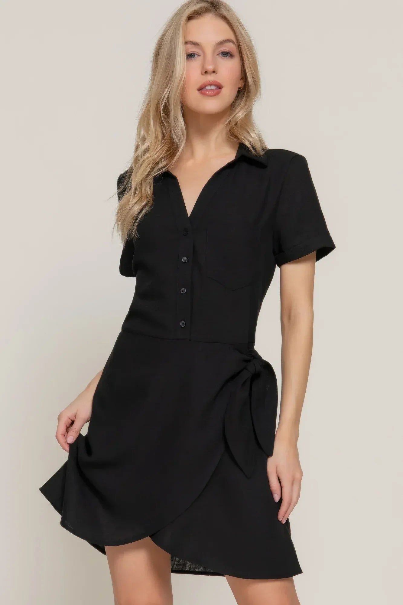 Button Down Side Bow Linen Effect Mini Dress | Mixtshop LLC Main image