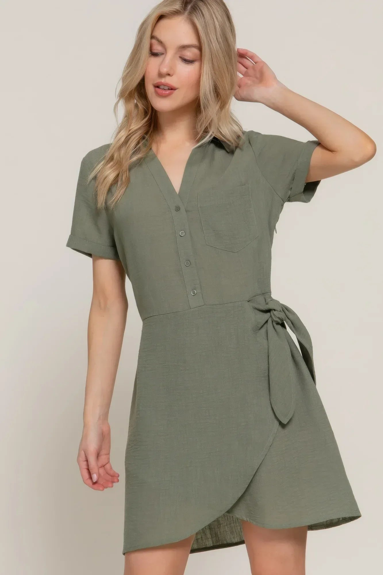 Button Down Side Bow Linen Effect Mini Dress | Mixtshop LLC Main image