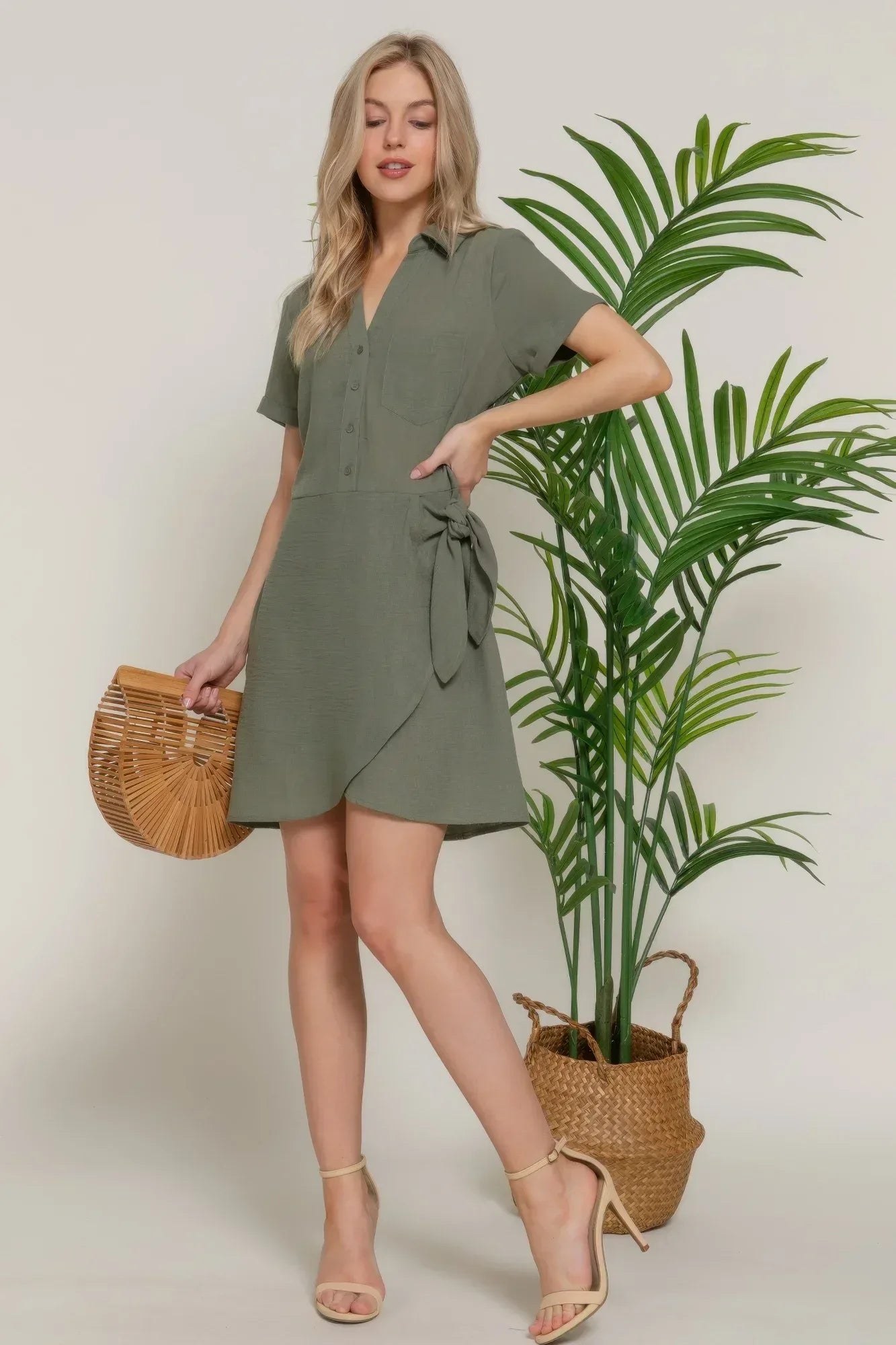 Button Down Side Bow Linen Effect Mini Dress | Mixtshop LLC