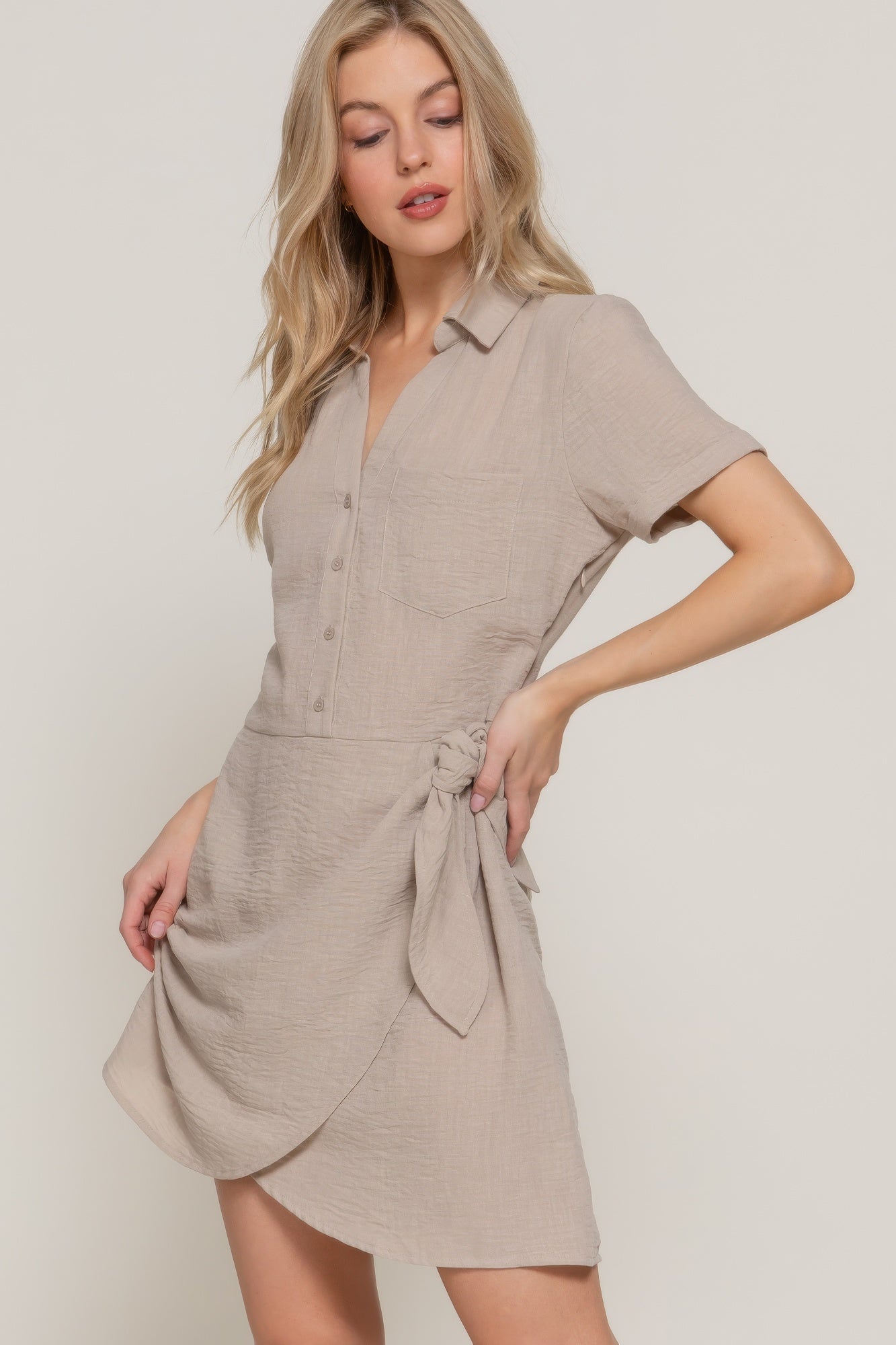 Button Down Side Bow Linen Effect Mini Dress | Mixtshop LLC