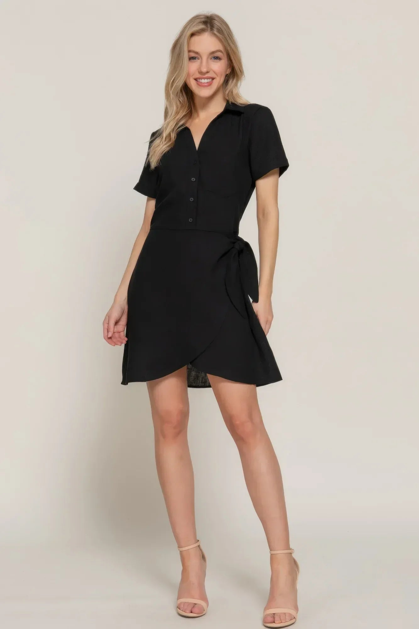 Button Down Side Bow Linen Effect Mini Dress Secondary image