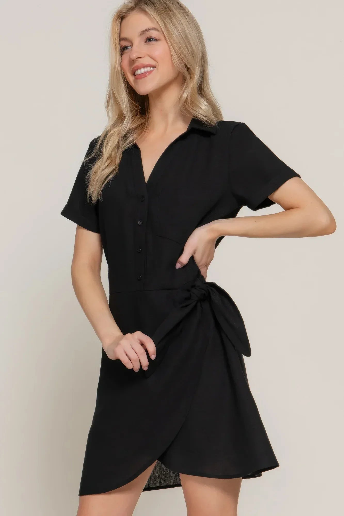 Button Down Side Bow Linen Effect Mini Dress | Mixtshop LLC