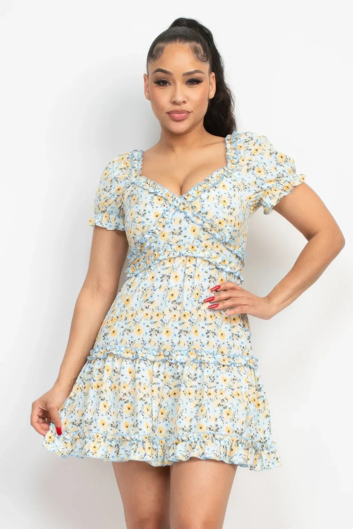 Ruffled Floral Puff Sleeve Dress | Mixtshop LLC Main image