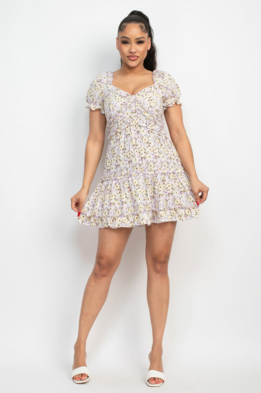 Ruffled Floral Puff Sleeve Dress | Mixtshop LLC
