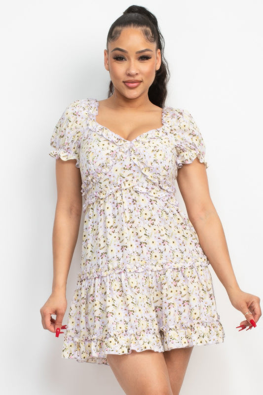 Ruffled Floral Puff Sleeve Dress | Mixtshop LLC