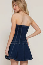 Strapless Stretch Denim Mini Pleats Dress | Mixtshop LLC