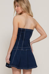 Strapless Stretch Denim Mini Pleats Dress | Mixtshop LLC