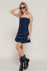 Strapless Stretch Denim Mini Pleats Dress | Mixtshop LLC