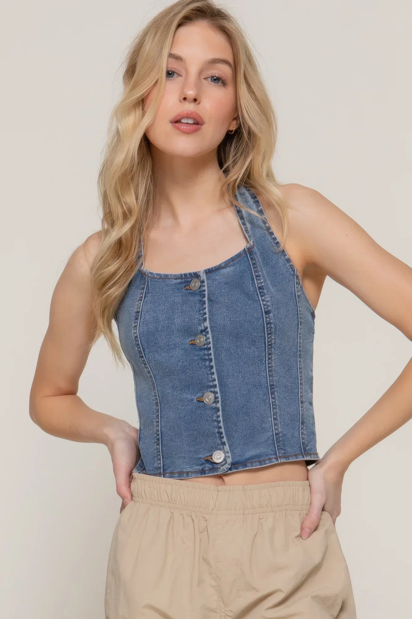 Button Down Stretch Denim Halter Top | Mixtshop LLC Main image