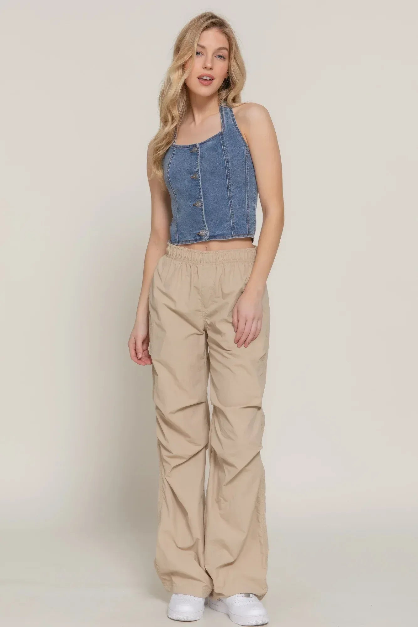 Button Down Stretch Denim Halter Top Secondary image