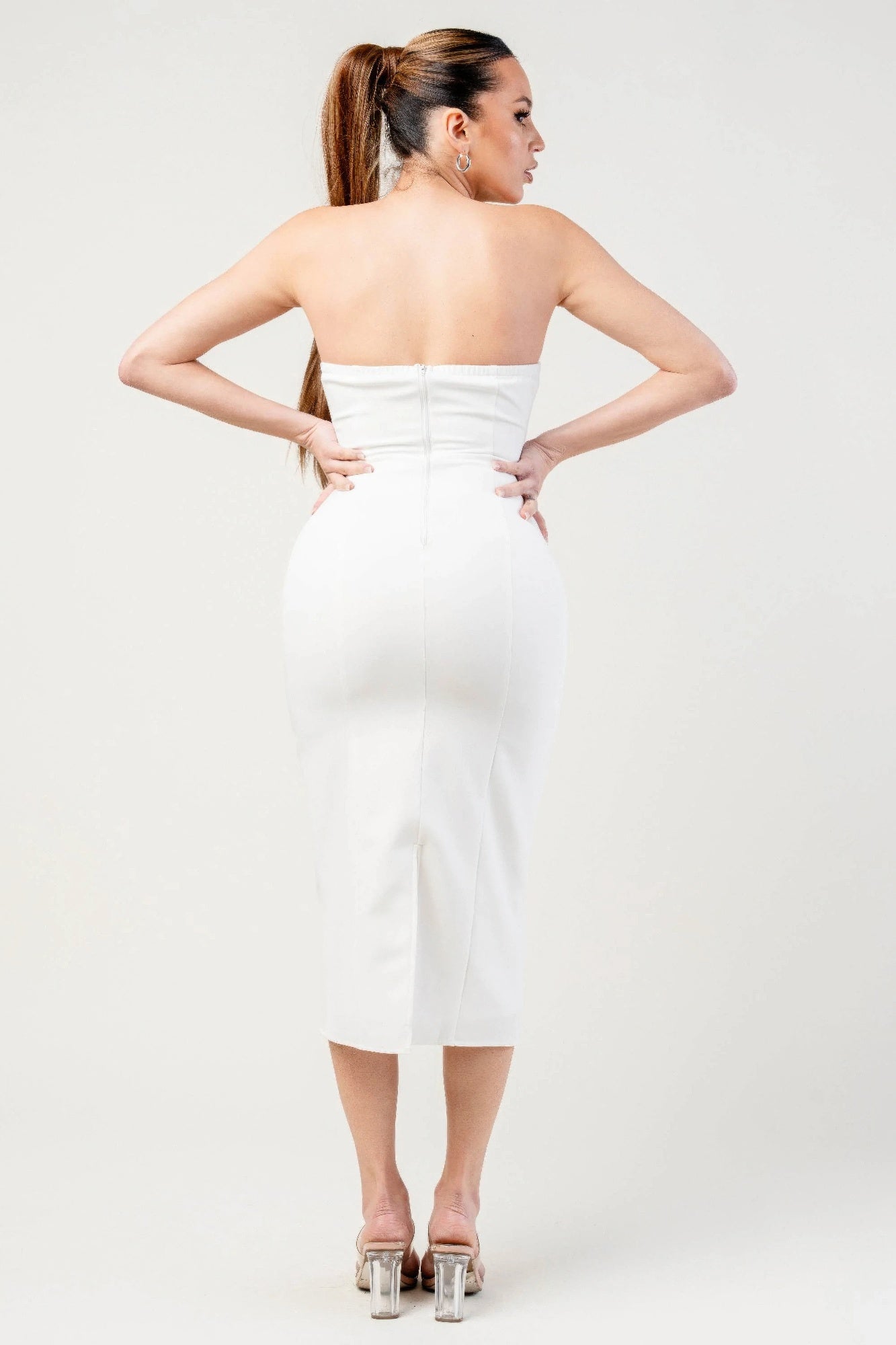 Thick Stretch Woven Sweetheart Neck Tube Midi Dress With Pocket Flap | Mixtshop LLC