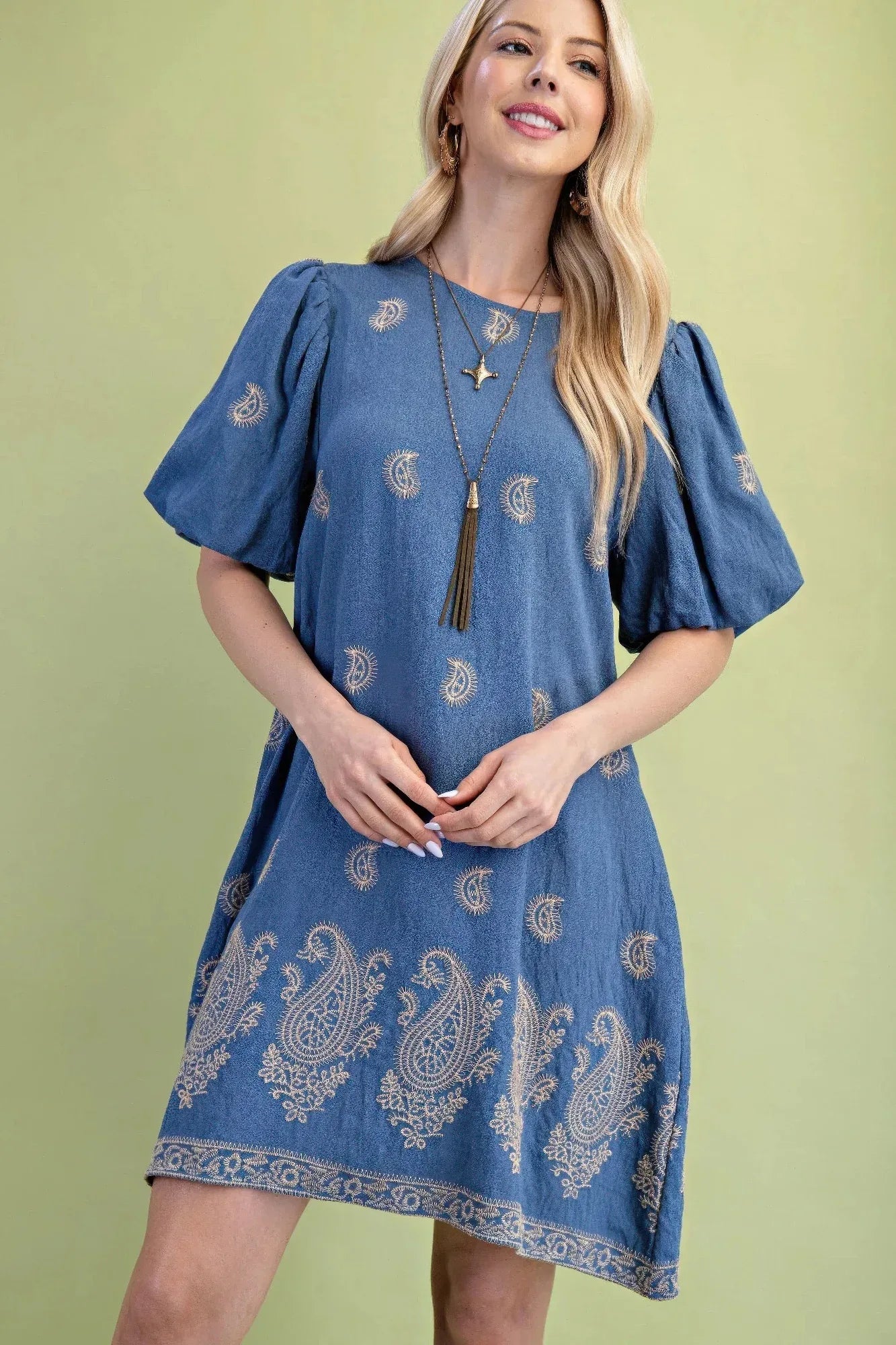 Paisley Embroidered Round Neck Mini Dress With Short Puff Sleeves | Mixtshop LLC Main image