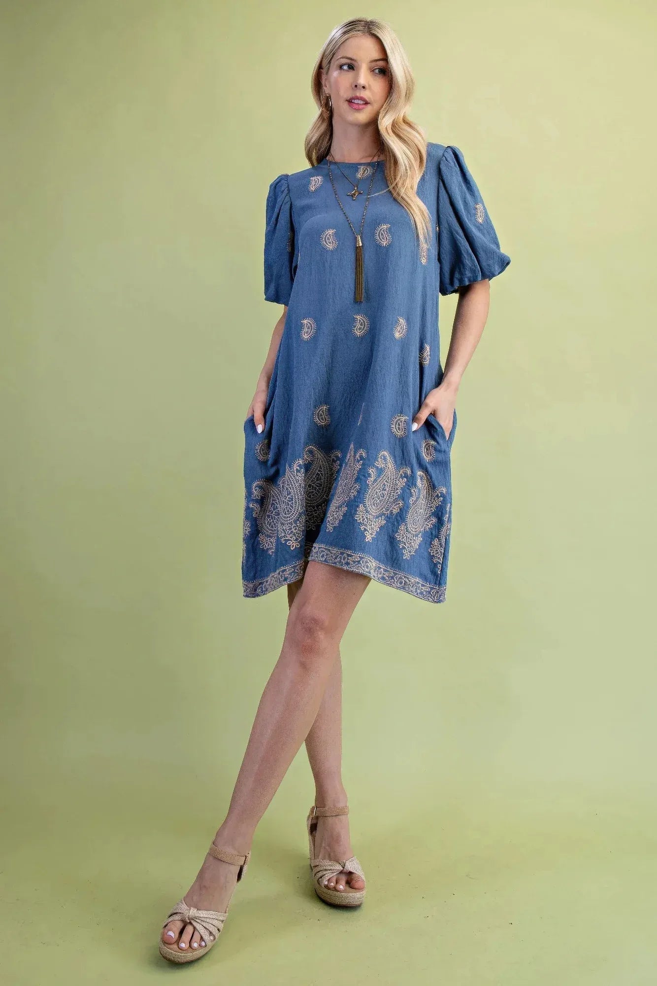 Paisley Embroidered Round Neck Mini Dress With Short Puff Sleeves | Mixtshop LLC
