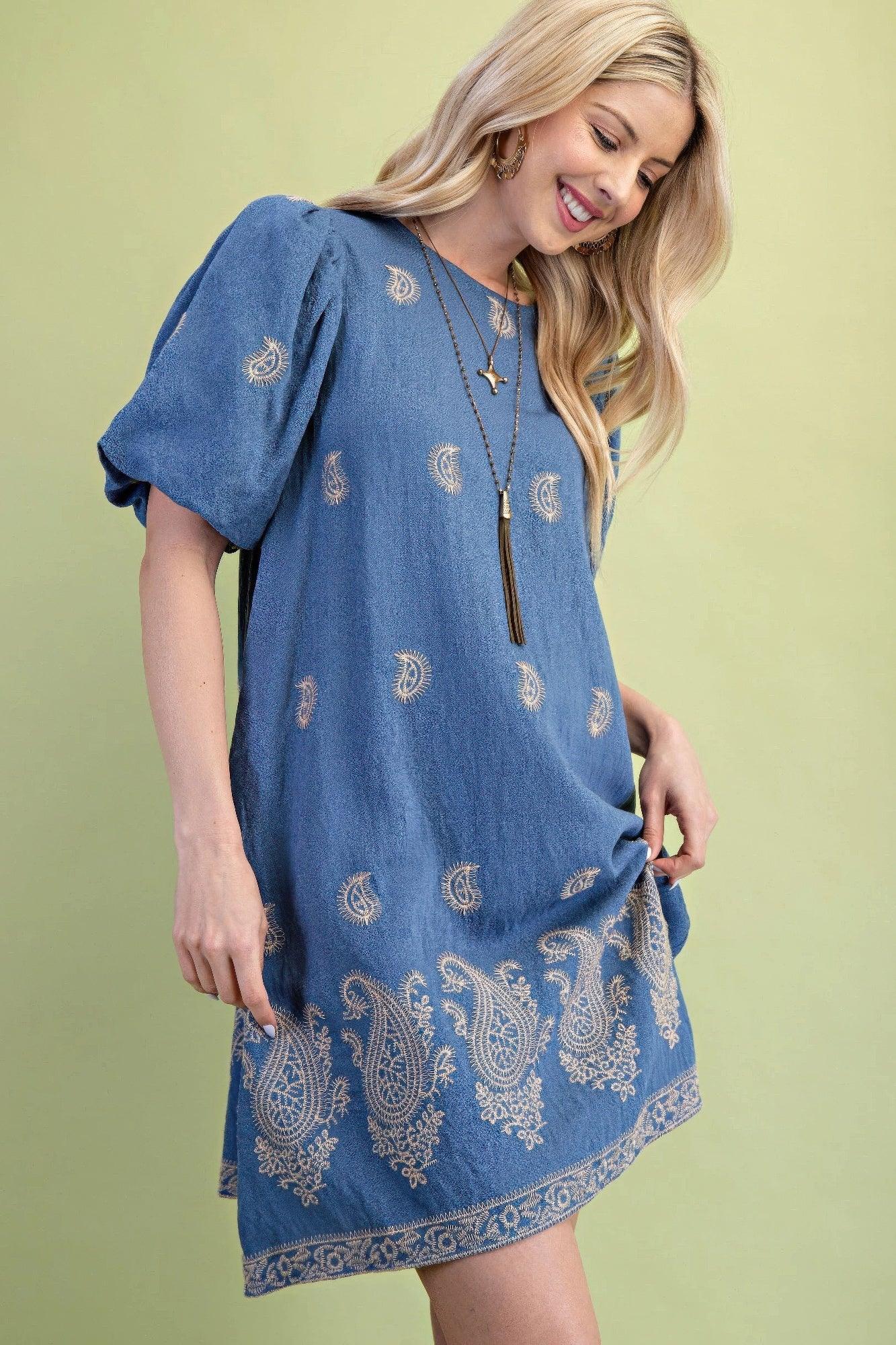 Paisley Embroidered Round Neck Mini Dress With Short Puff Sleeves | Mixtshop LLC