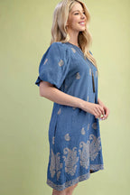 Paisley Embroidered Round Neck Mini Dress With Short Puff Sleeves | Mixtshop LLC