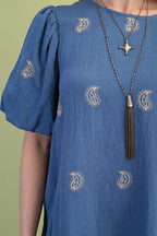 Paisley Embroidered Round Neck Mini Dress With Short Puff Sleeves | Mixtshop LLC