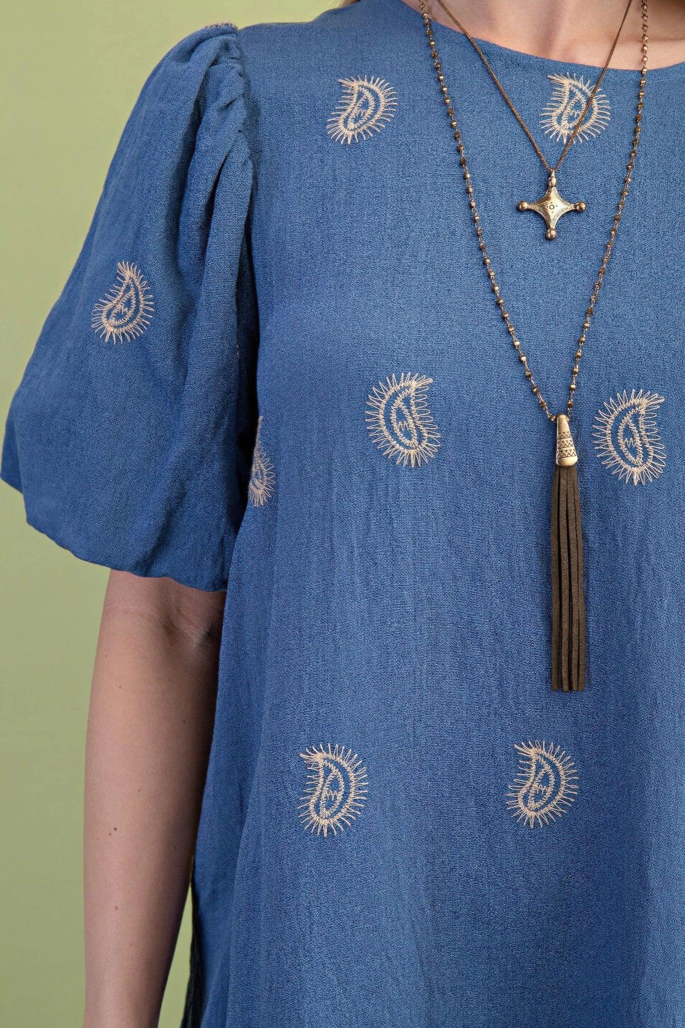 Paisley Embroidered Round Neck Mini Dress With Short Puff Sleeves | Mixtshop LLC