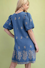 Paisley Embroidered Round Neck Mini Dress With Short Puff Sleeves | Mixtshop LLC