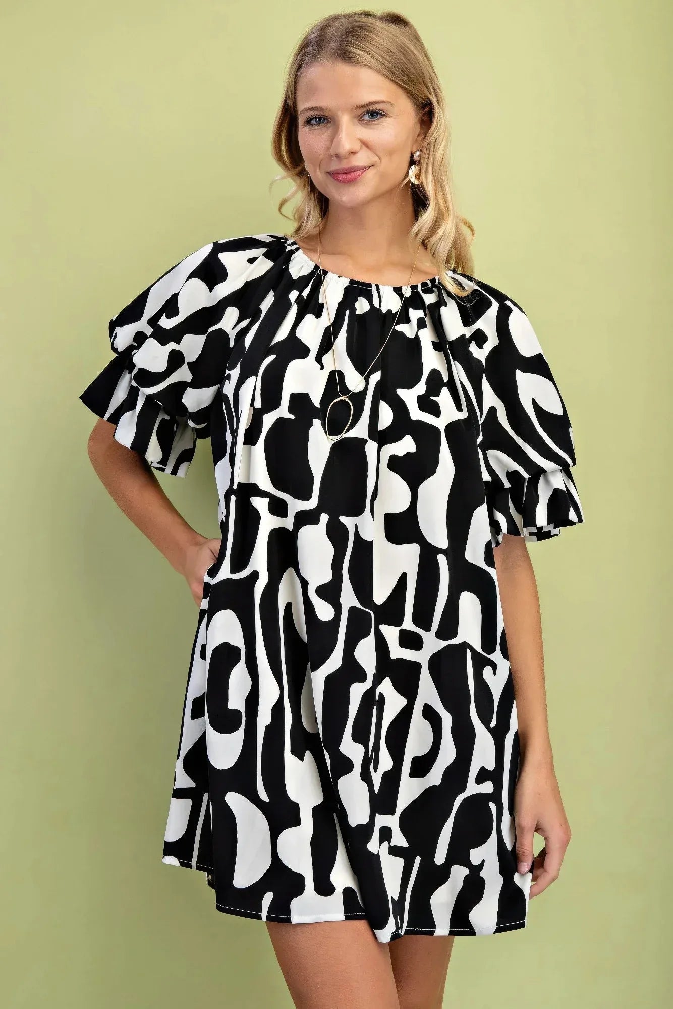 Geometric Print Loose Fit Mini Dress With Gathered Balloon Sleeves | Mixtshop LLC Main image