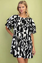Geometric Print Loose Fit Mini Dress With Gathered Balloon Sleeves | Mixtshop LLC
