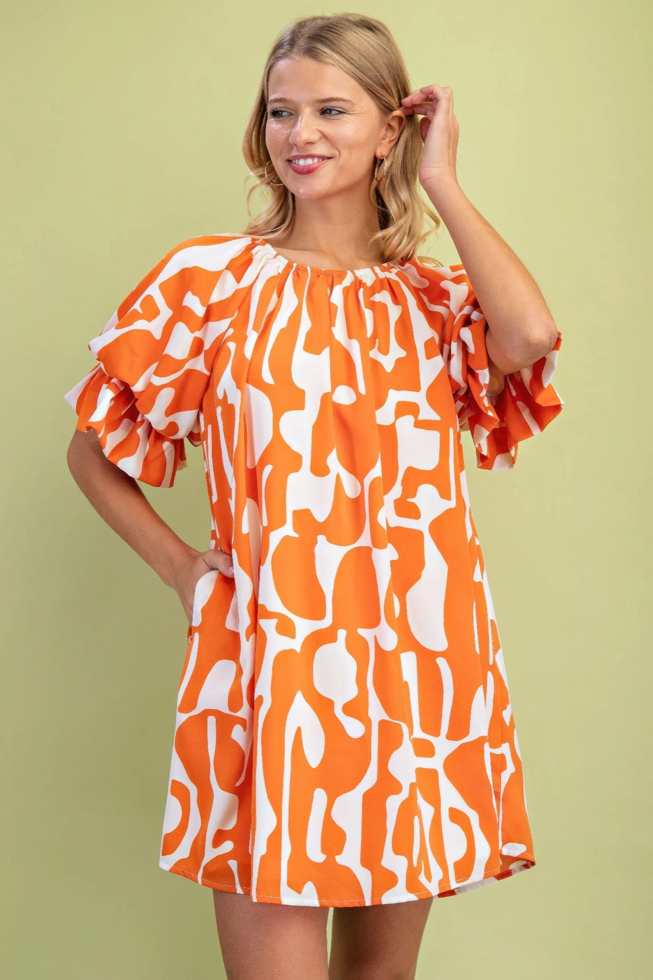 Geometric Print Loose Fit Mini Dress With Gathered Balloon Sleeves | Mixtshop LLC